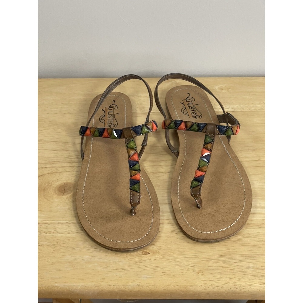 UNLISTED Kenneth Cole Womens Brown Stone Gem Thong Slingback Flat Sandal Sz 10M